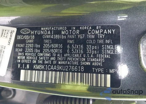 2019 Hyundai Kona Se z USA, uszkodzony, nr VIN KM8K1CAA9KU276618
